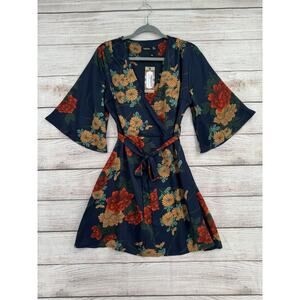 Boohoo Satin Floral Wrap Dress Womens 10 Blue Beige Orange Tie Waist NEW